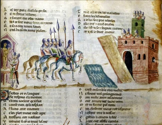 Un esercito si avvicina a un castello. Miniatura del «Roman de Troie» di Benoît de Sainte-Maure. XIV secolo, Biblioteca Marciana, Venezia.