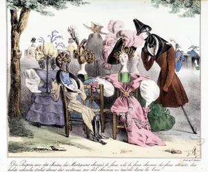 Una Descrizione Ironica della Moda Borghese del XIX Secolo: "Bambole su Sedie, Modelli Carichi di Colletti Finti, Cavalli Finti, Attrazioni Finte; Abiti Ridicoli Sparsi su Carri, su Cavalli o Trascinati nel Fango." In "La silhouette", giornale satirico