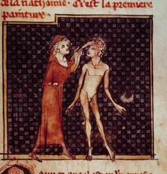 Figura anatomica: il chirurgo incide la fronte di un paziente. Miniatura dal manoscritto “Chirurgia” (Folio 8) scritto da Henri de Mondeville (chirurgo di Filippo il Bello professore di anatomia)