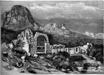 Architettura antica: rovine del tempio romano di Zaghouan (Tunisia). Incisione di Riugel in "Il Mondo Illustre" n.1308 del 22 aprile 1882