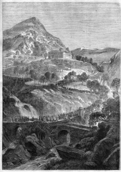 Pellegrinaggio annuale del 21 marzo al convento di San Benedetto sul Monte Cavo (Colli Albani) vicino a Roma - Incisione del 1868