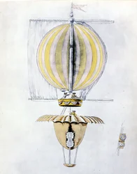 Disegno anonimo di un dirigibile a vela con un paracadute a cono