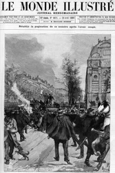 Dimostrazione anti-panificio: dimostrazione in piazza San Michele, dove vengono bruciate copie della "Lanterna". Disegno di Gerardin per la copertina di "Il Mondo Illustrato" del 1888