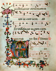 Antifonario in nota 5, libro che contiene i canti che il coro deve intonare durante la messa (pergamena).