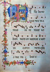 Antifonario in nota 7, libro che contiene i canti che il coro deve intonare durante la messa (pergamena).