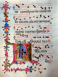 Antifonario in nota 7, libro che contiene i canti che il coro deve intonare durante la messa (pergamena).