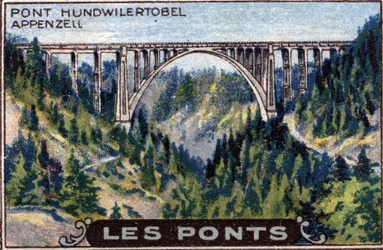 Architettura e ingegneria civile: rappresentazione del ponte Hundwilertobel nel cantone di Appenzello, Svizzera, serie sui ponti, inizio del XX secolo (cromo)