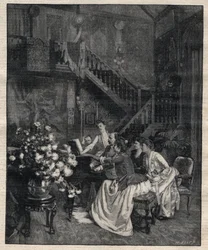 Intorno a uno spartito - Jules Massenet (1842-1912), compositore francese, che suona con amici "Le portrait de Manon" - Incisione in "Le Progres illustré" del 1895