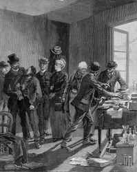 Arresto a Parigi dei nichilisti Reinchtein e sua moglie. Incisione verso la fine del XIX secolo (1890?)