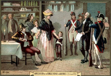 Arresto della famiglia reale (Luigi XVI e Maria Antonietta con i loro figli) a Varennes (22/06/1791). Cromolitografia del XIX secolo
