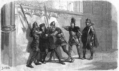 Arresto del bastardo di Rubempre sotto il regno di Luigi XI. Incisione del XIX secolo.