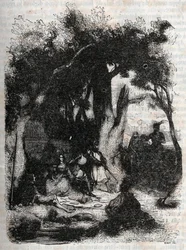 Arrivo di Rodomonte e Mandricardo alla fontana di Merlino - incisione del 1851 da "Orlando furioso" (XVI secolo) di Ludovico Ariosto, noto come l