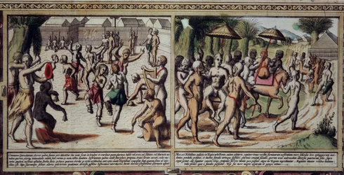 Danza degli indigeni (dettaglio della mappa della Guinea di Luis Texeira, incisione del XVII secolo)