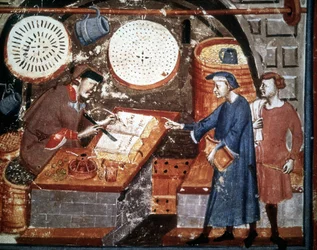 Negozio di artigiani nel XIV secolo. Manoscritto miniato del XIV secolo. Biblioteca Medicea Laurenziana, Firenze
