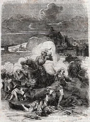 Astolfo mette in fuga donne assassine - incisione del 1851 dall