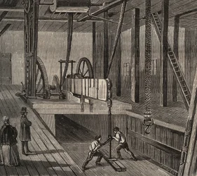 Atelier di perforazione del pozzo artesiano di Passy. Incisione del 1856 in "Le Musée Des Sciences".