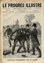 Attentato a Fernand Labori (1860-1917), avvocato nella difesa di Alfred Dreyfus (1859-1935), colpito da un proiettile alla schiena a Rennes mentre si recava al luogo dove si giudicava il caso. Copertina di “The Progres Illustré” di agosto 1899 (incisione)