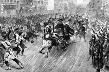 Attentato allo zar Alessandro II (1818 - 1881) a San Pietroburgo nel 1881. Illustrazione del XIX secolo