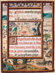 Agosto. Contadini al lavoro. Pagina del manoscritto "Libro delle Ore" di Manuele I del Portogallo (1469-1521) 1517. Lisbona, Museo di Arte Antica