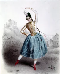La ballerina austriaca Fanny Elssler (1810-1884) nel balletto "The Krakow" (La gitana) 1842. Stampa del XIX secolo