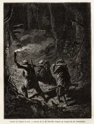 Ritorno dalla caccia di notte, la preda, un orso, è legata e sospesa a un ramo che i cacciatori portano sulla spalla. Incisione per illustrare la storia Quatre mois en Florida, di M. Pousselgue, nel 1851-1852, pubblicato in "le tour du monde", sotto