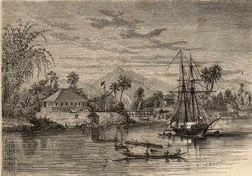 Bangalow, casa di Sir James Brooke, noto come il Rajah di Sarawak (1803-1868) avventuriero britannico primo rajah bianco di Sarawak nei pressi di Sarawak (Borneo). Incisione in “Le Monde illustre” del 1857. Collezione privata