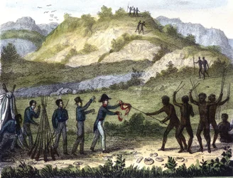 Scena di baratto tra i nativi e gli occidentali secondo 