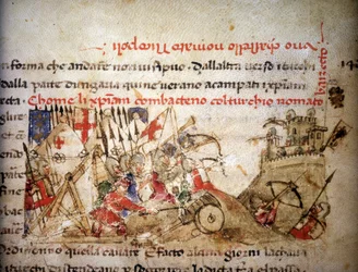 Battaglia di Nicopoli: sconfitta dei cristiani ad opera di Bayezid I (Turchia) il 28/09/1396, nelle «Croniche del Sercambi», circa 1400. Archivio di Stato, Lucca.