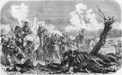 Battaglia di Saint Quentin nel 1557, un episodio della lunga guerra che oppose il Regno di Francia e la Spagna. Incisione del XIX secolo