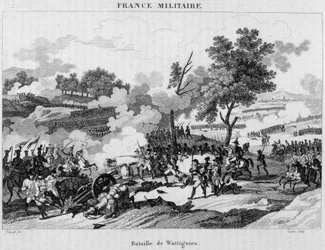 Battaglia di Wattignies: Jourdan e Carnot vincono la vittoria per sbloccare la città di Maubeuge assediata dagli austriaci, ottobre 1793. Incisione del XIX secolo