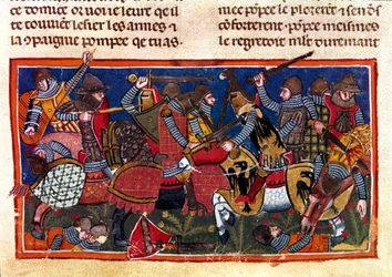 Scena di battaglia Miniatura da un codice francese su pergamena "Fatti dei Romani" che racconta la storia antica fino a Giulio Cesare (101 a.C.-44 a.C.). XIII secolo Venezia, biblioteca Marciana