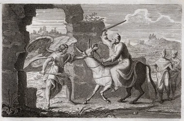 Bibbia di Royaumont, Antico Testamento: Balaam. Il falso profeta Balaam benedice, anche se lui, il popolo di Dio, sebbene il re Balak (Balac) lo avesse mandato a maledirlo. Il suo asino gli parla per lamentarsi di essere stato picchiato, perché si era ferm