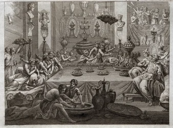 Bibbia di Royaumont, Antico Testamento: Baldassarre condanna. Il re Baldassarre (Belshatsar) a tavola vede una mano che in tre parole scrive la fine della sua sentenza. Illustrazione del 1811.