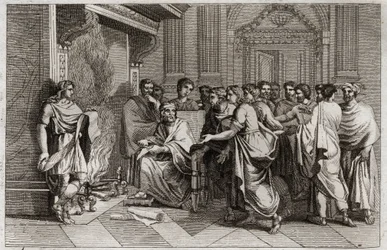 Bibbia di Royaumont, Antico Testamento: Baruch profeta. Il re Joachim taglia il rotolo contenente le profezie di Geremia trascritte dal suo discepolo Baruch e lo getta nel fuoco. Illustrazione del 1811.