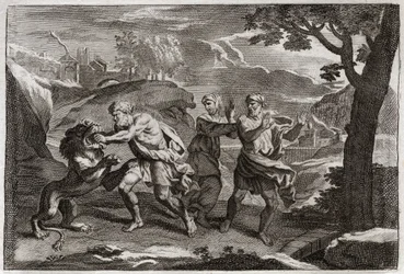 Bibbia di Royaumont, Antico Testamento: Nascita di Sansone. Sansone squarcia un leone. Illustrazione del 1811.