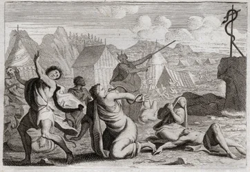 Bibbia di Royaumont, Antico Testamento: Serpente di bronzo. Il popolo mormora contro Dio e contro Mosè, viene punito da serpenti di fuoco; da cui furono guariti da un serpente di bronzo, che Mosè aveva innalzato per essere visto da tutto il popolo. Illustr