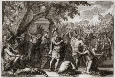 Bibbia di Royaumont, Antico Testamento: I fratelli di Giuseppe. Giuseppe fa mettere in prigione i suoi fratelli. Illustrazione del 1811