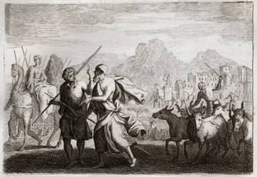 Bibbia di Royaumont, Antico Testamento: Chiamata di Abramo. Dio chiama Abramo e gli ordina di lasciare la terra dei Caldei per venire in una terra che gli ha promesso di dargli. Illustrazione del 1811.