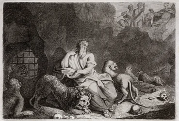 Bibbia di Royaumont, Antico Testamento: Daniele nella fossa dei leoni. Daniele viene messo nella fossa dei leoni e miracolosamente si ubriaca. Illustrazione del 1811.
