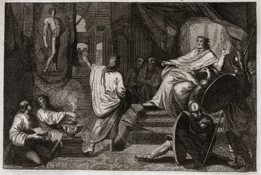 Bibbia di Royaumont, Antico Testamento: Daniele profeta. Il profeta Daniele rivela al re Nabucodonosor II un sogno che aveva fatto e gli spiega cosa significava. Illustrazione del 1811.