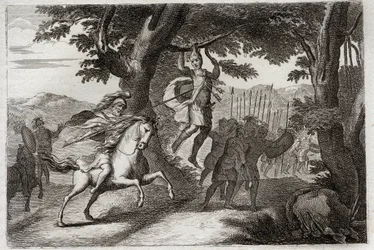 Bibbia di Royaumont, Antico Testamento: Morte di Assalonne. Assalonne fuggendo dalla battaglia è catturato per i capelli da una quercia, o Joab gli trafigge il cuore con tre dardi. Illustrazione del 1811.