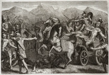 Bibbia di Royaumont, Antico Testamento: Morte di Acab. Acab fa guerra contro la Siria e viene ucciso da una freccia casuale. Illustrazione del 1811.