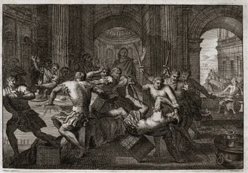 Bibbia di Royaumont, Antico Testamento: Morte di Amnon. Assalonne, riconciliato con Davide, fa fuggire suo fratello Amnon a una festa. Davide è costretto a fuggire da Gerusalemme e subisce questa persecuzione con meravigliosa pazienza. Illustrazione.