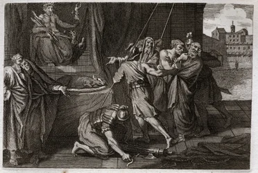 Bibbia di Royaumont, Antico Testamento: Morte di Eleazaro. Il vecchio santo Eleazaro viene ucciso per ordine di Antioco IV Epifane (175-164 a.C.), perché non voleva fingere di mangiare carni proibite. Illustrazione del 1811.