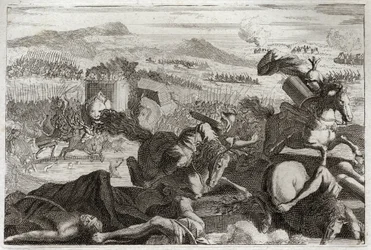 Bibbia di Royaumont, Antico Testamento: Morte di Giuda. Sconfitta di Demetrio I Sotere e Nicanore. Morte di Giuda Maccabeo in battaglia. Illustrazione del 1811.