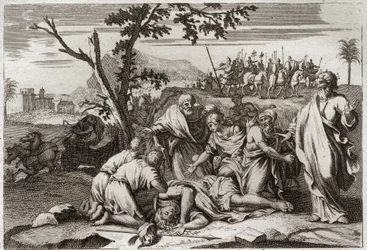 Bibbia di Royaumont, Antico Testamento: Morte del malvagio Antioco. La terribile morte del re Antioco IV Epifane (175-164 a.C.) dopo una caduta da cavallo. Illustrazione del 1811.
