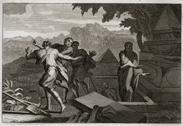 Bibbia di Royaumont, Antico Testamento: Risurrezione. Un morto fu lasciato cadere per caso nella tomba di Eliseo, e risuscitò toccando le sue ossa. Illustrazione del 1811