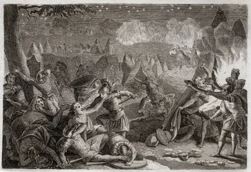 Bibbia di Royaumont, Antico Testamento: Sconfitta dei Madianiti al suono delle trombe e alla luce delle lampade. Illustrazione del 1811.