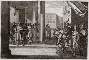 Bibbia di Royaumont, Antico Testamento: Dina uscì per curiosità a vedere le donne di Sichem, e il re di quella città le fece violenza, i suoi fratelli si vendicarono e uccisero tutti gli abitanti di Sichem con il re. Illustrazione del 1811.