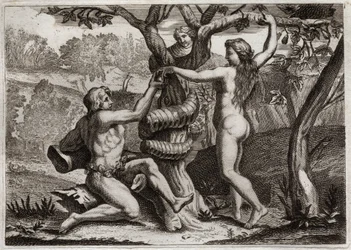 Bibbia di Royaumont, Antico Testamento: La Caduta di Adamo. Il Demonio sotto forma di serpente parla a Eva e la tenta a mangiare il frutto proibito: Eva cade e fa cadere anche Adamo. Illustrazione del 1811